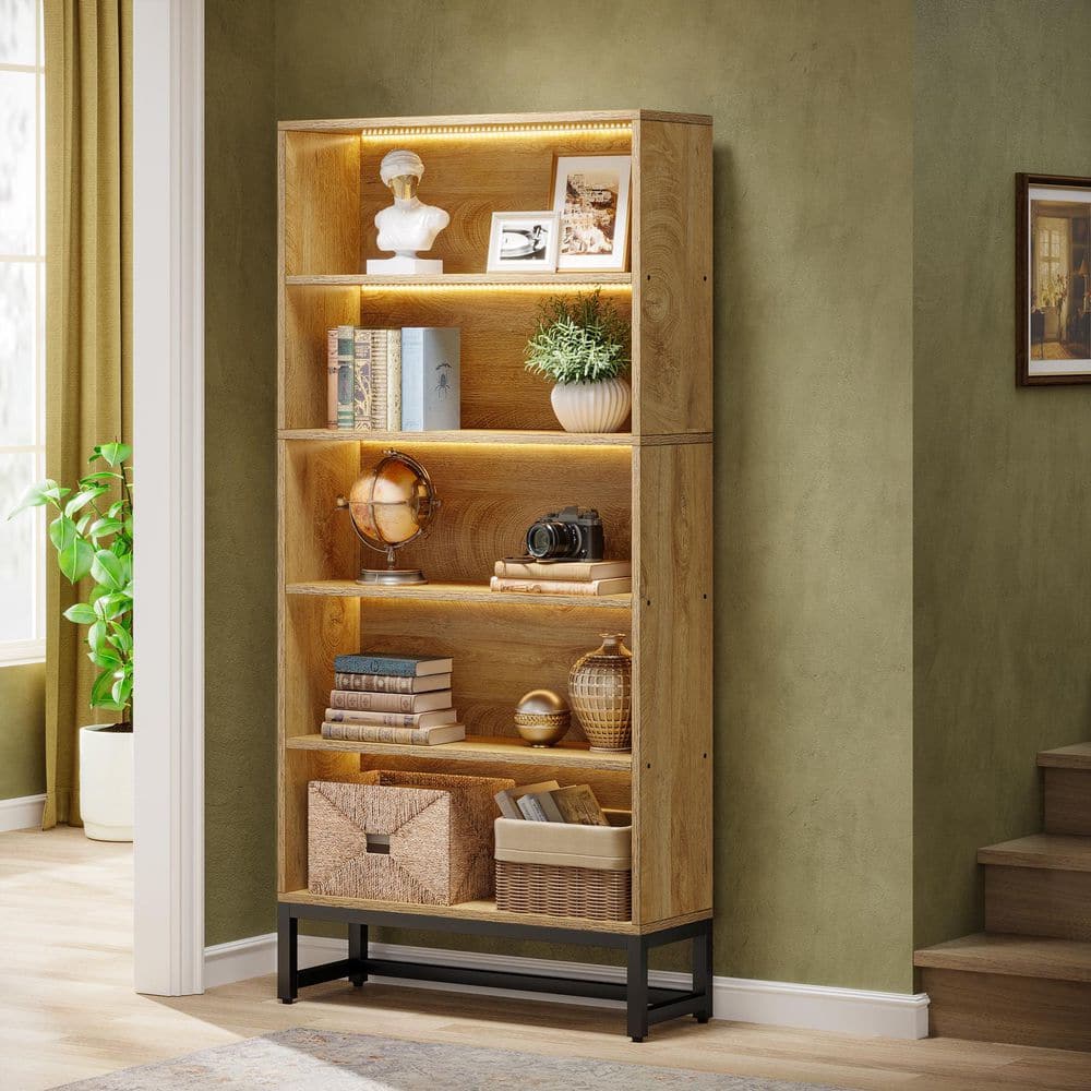 BYBLIGHT Eulas 71 in. Tall Light Brown 5-Shelves Standard Wooden ...