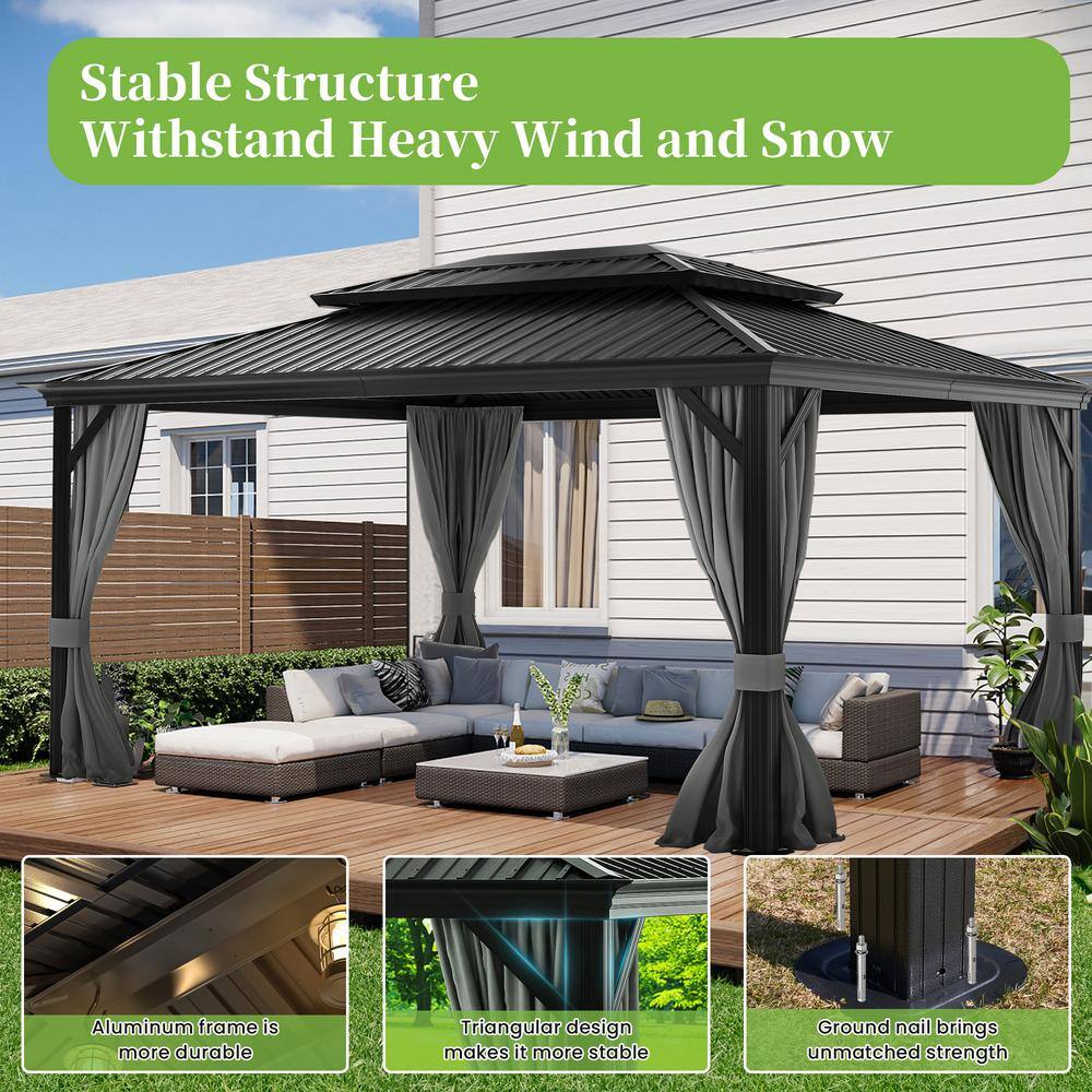 Gray Aluminum Hardtop Gazebo with Curtains and Netting, 12' x 16'