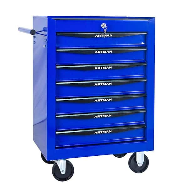 13 in. W 7-Drawer Rolling Metal Black and Blue Tool Cabinets w/ Ball Bearing Drawer Slides and Tool Storage Organizer