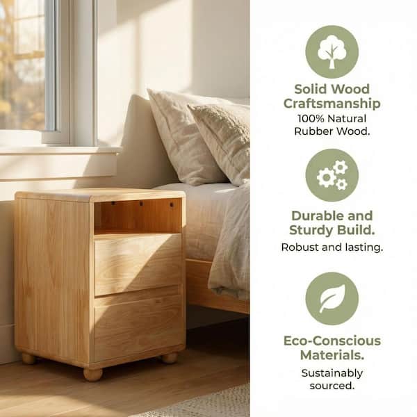 Natural Solid Wood Nightstand with 2-Drawer and Charging Station, Bedside Table with USB and Type-C Ports for Bedroom