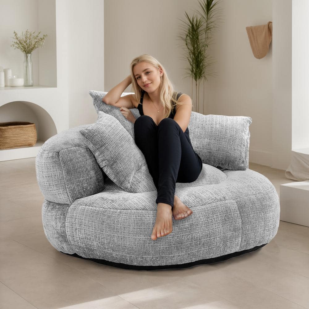 Modern Comfy Light Grey Chenille Upholstery Bean Bag Round Accent Arm Chair Lazy Sofa Chair