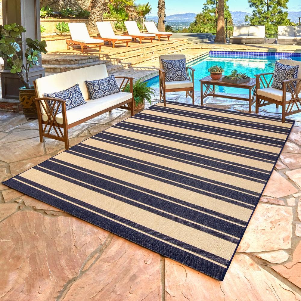 Paseo Navy and Beige Striped Outdoor Rug 5'3"x7'