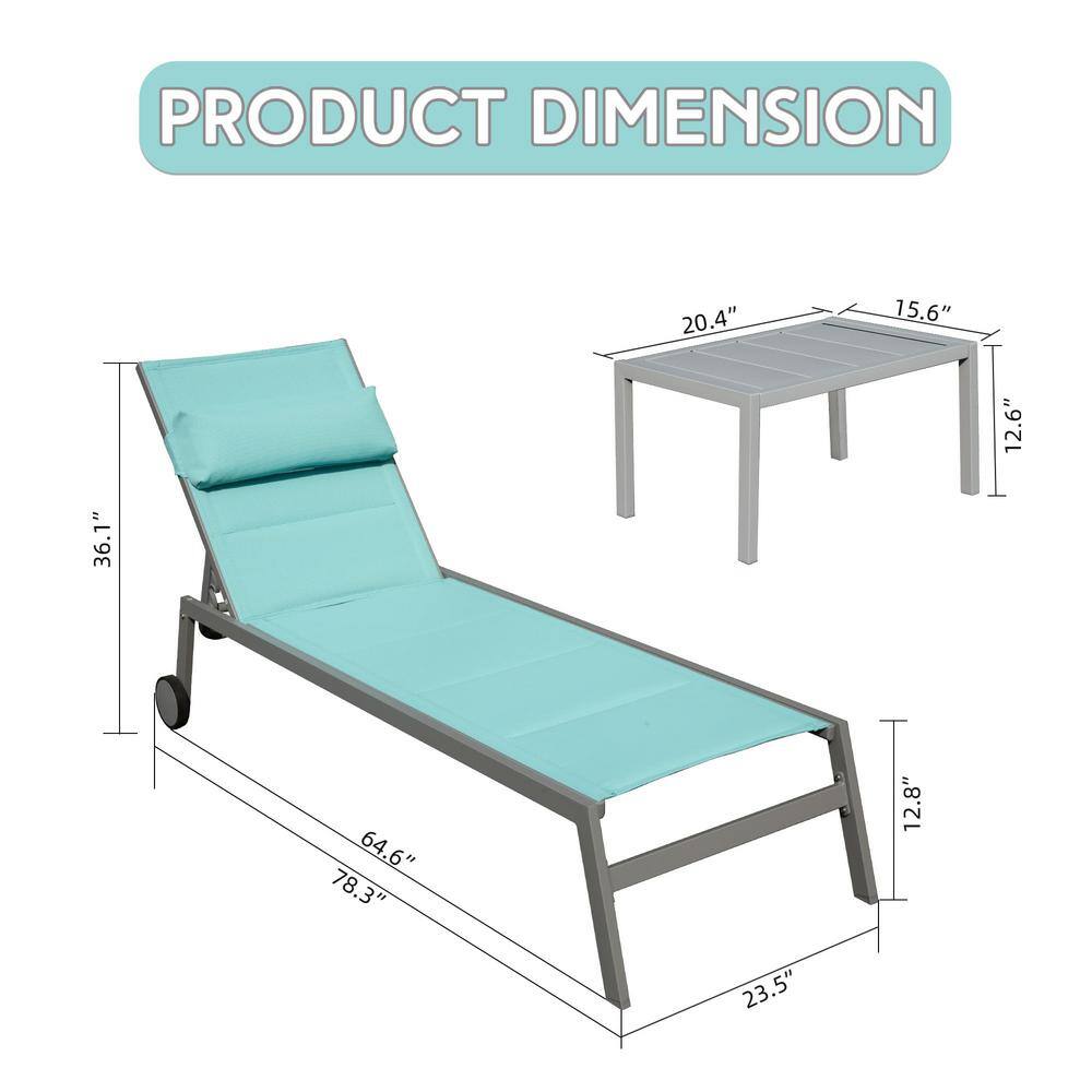 Lake Blue Aluminum Armless Chaise Lounge Set with Wheels