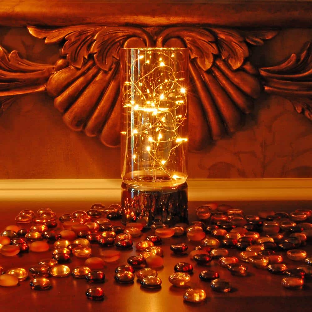 Amber Glass Hurricane Lantern with Fairy String Lights