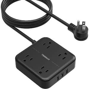 10 ft. 4 AC Outlets Flat Plug Power Strip with 3 USB Ports, Black Extension Cord, Wall Mount Outlet Extender