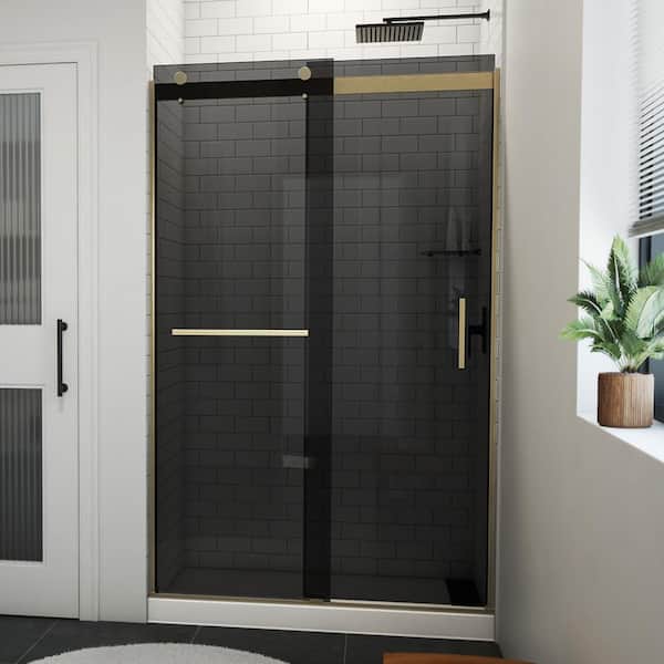 DreamLine Sapphire-V 48 in. W x 76 in. H Sliding Semi-Frameless Bypass Shower Door in Brushed Gold with Gray Glass