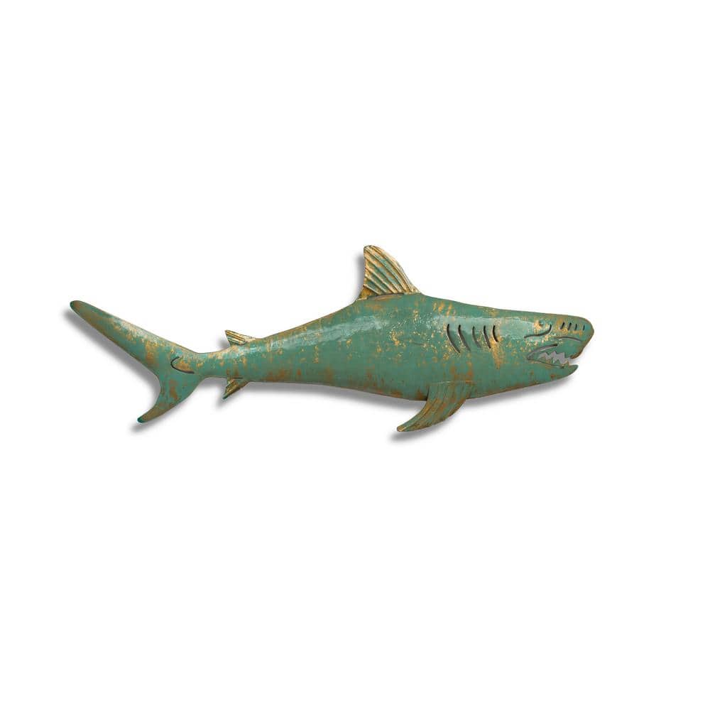 Rustic Teal and Gold Metal Shark Wall Sculpture