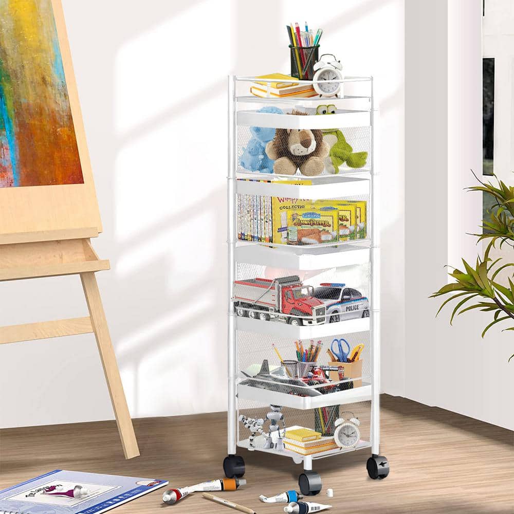 White 5 Tier 360° Rotating Metal Vegetable Storage Rack with Swing Out She