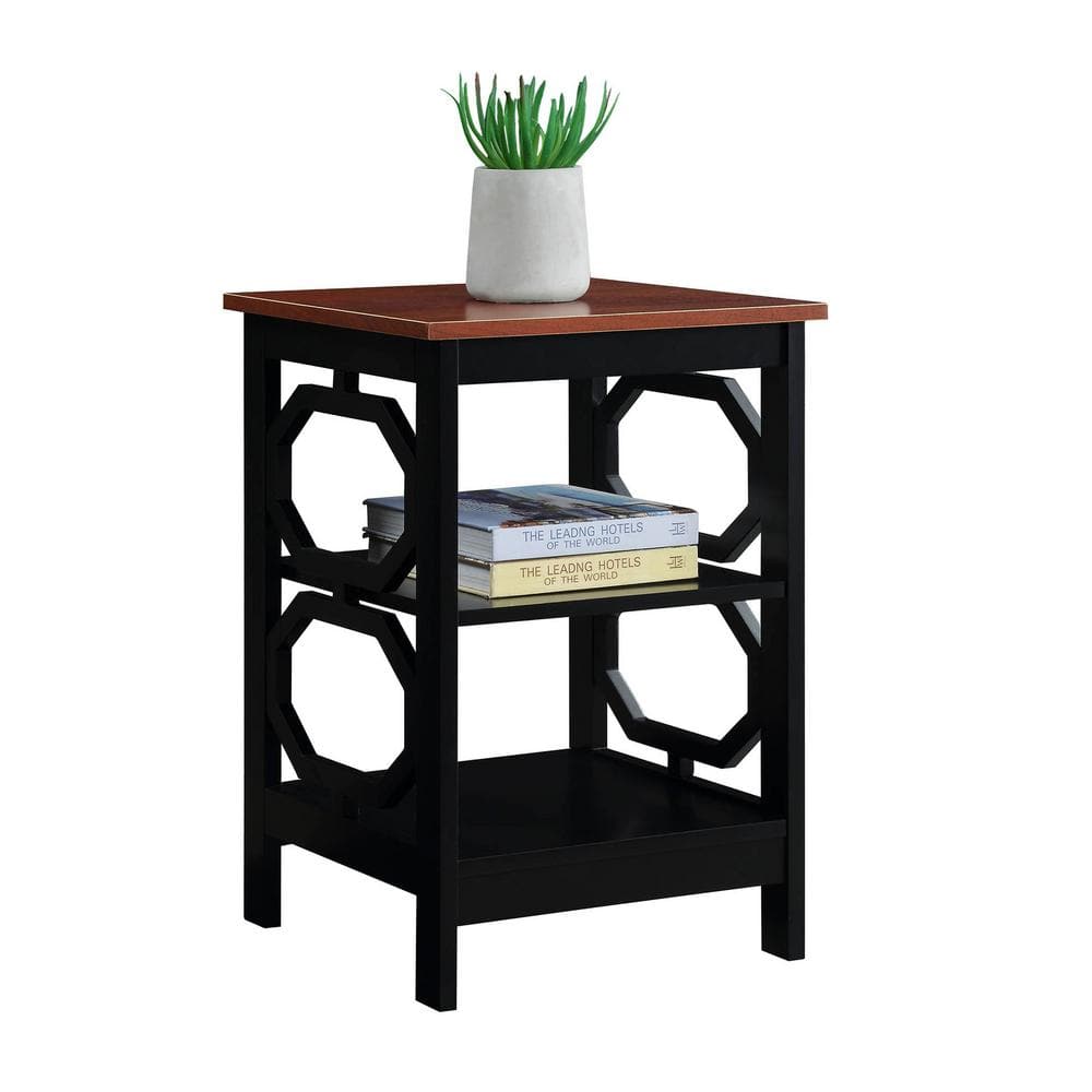 Round Cherry & Black Wood Omega End Table with Shelves