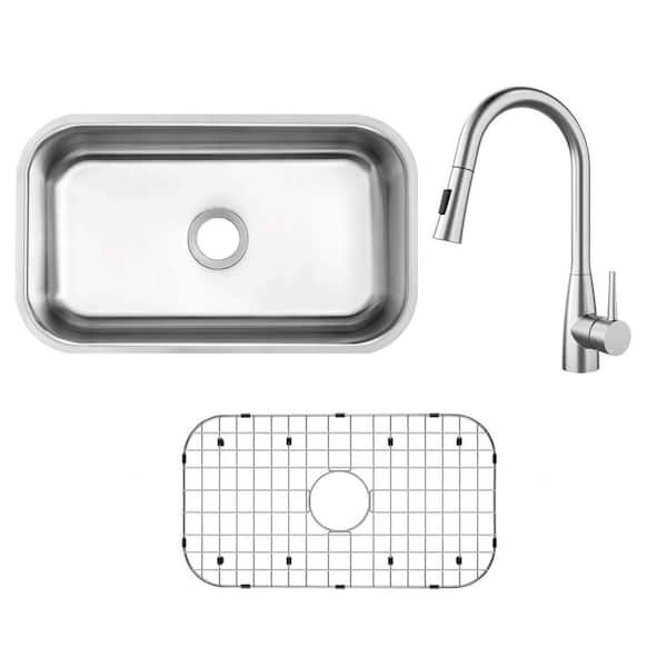 32 in. Undermount Single Bowl 18-Gauge Stainless Steel Kitchen Sink Package with Pull Down Sprayer Kitchen Faucet