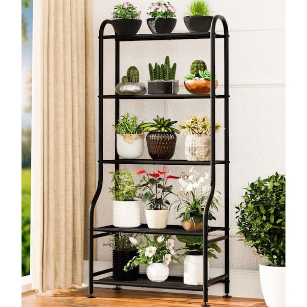 5-Tier Black Carbon Steel Plant Stand Indoor Outdoor, Tall Plant