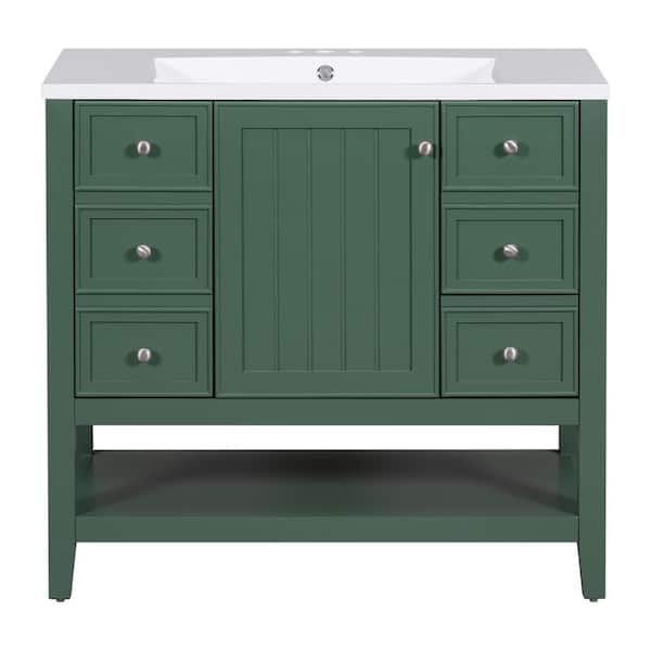 Virubi 36 in. W x 18 in. D x 34.1 in. H Single Sink Bath Vanity in Green with White Ceramic Top, 3-Drawers and Adjustable Shelf