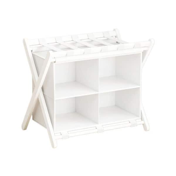White Foldable Bamboo Luggage Rack with 4 Storage Compartments, Suitcase Stand for Guest Room, 150 lb. Capacity