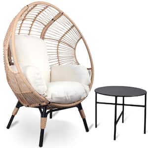 Natural Color Wicker Patio Egg Lounge Chair with Beige Cushion and Side Table Water and Sun Resistance for Garden