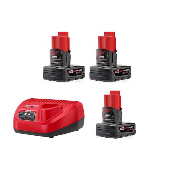 Milwaukee M12 12-Volt Lithium-Ion XC Extended Capacity 6.0Ah Battery Pack with Two M12 6.0 Ah Battery Packs and Charger