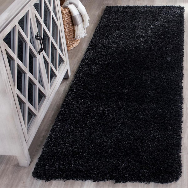 California Shag Black 2 ft. x 11 ft. Solid Runner Rug
