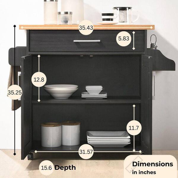 L'Baiet Black Wood Top 35 in. Wide Kitchen Island Cart with