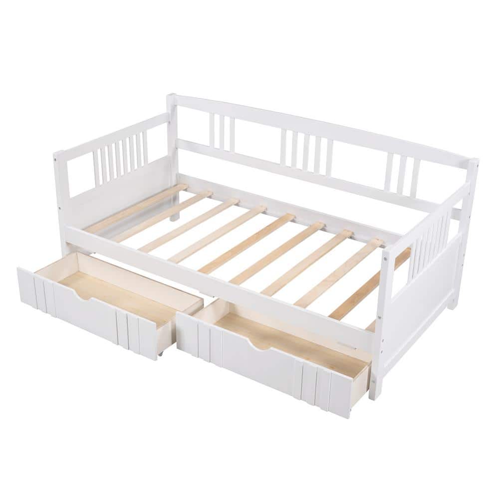 White Twin Size Pine Wood Daybed with 2 Drawers