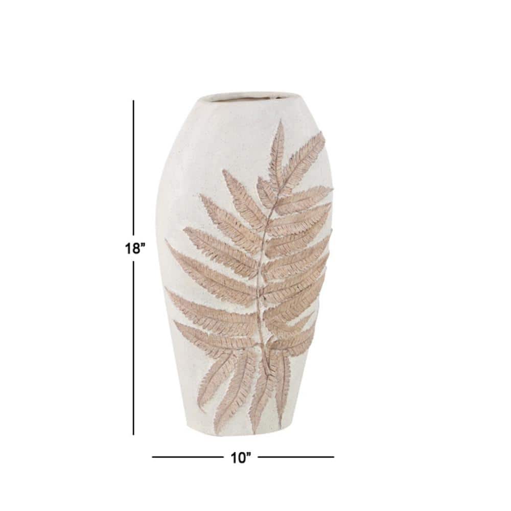 White and Beige Polystone Floor Vase with Leaf Design