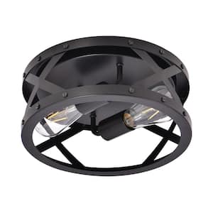 11.81 in. 2-Light Matte Black Industrial Flush Mount with Drum Shade and Bulb Included