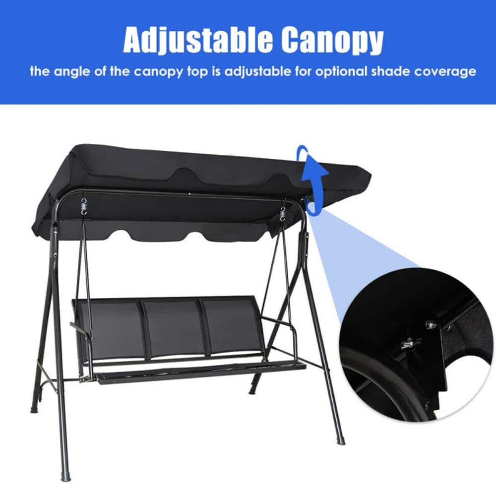 Black Powder Coated Steel 3-Person Outdoor Patio Swing with Adjustable Canopy