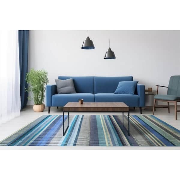 EORC 10 ft. x 14 ft. Blue Elegant and Durable Hand Knotted Wool Luxurious Modern Stripe Premium Rectangle Indoor Area Rugs