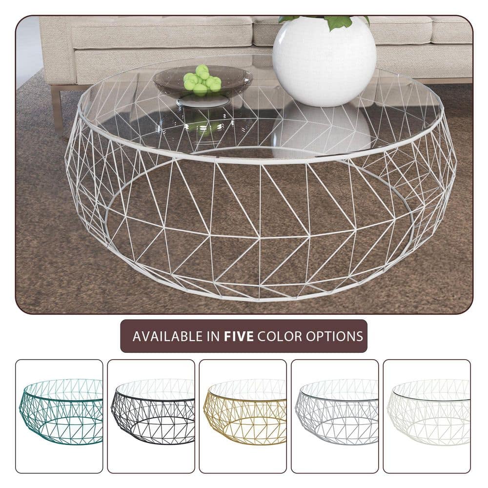 White Round Glass Top Coffee Table with Metal Base