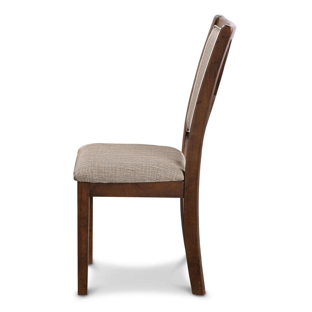 Cherry Wood Round Dining Table Set with Gray Upholstered Chairs