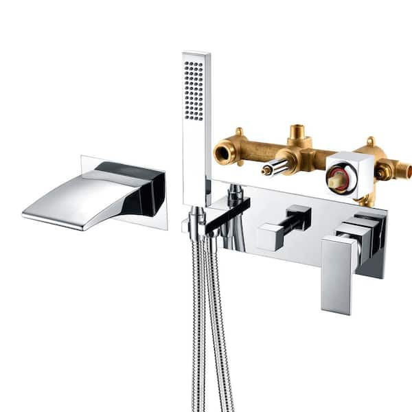 Modern Single-Handle Wall Mounted Roman Tub Faucet with Hand Shower in Chrome
