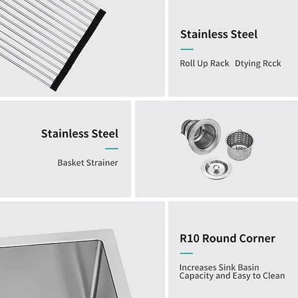Dueyeeri - 33 in. Undermount Single Bowl 16-Gauge Brushed Nickel Stainless Steel Kitchen Sink with Bottom Grids