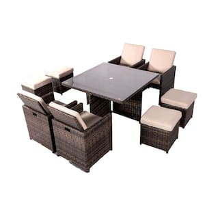 Irene Brown 9-Piece Wicker Square Outdoor Dining Set with Beige Cushions
