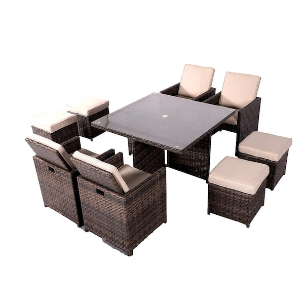 DIRECT WICKER Irene Brown 9-Piece Wicker Square Outdoor Dining Set with Beige Cushions