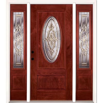 59.5 in.x81.625in.Silverdale Zinc 3/4 Oval Lt Stained Cherry Mahogany Rt-Hd Fiberglass Prehung Front Door w/Sidelites