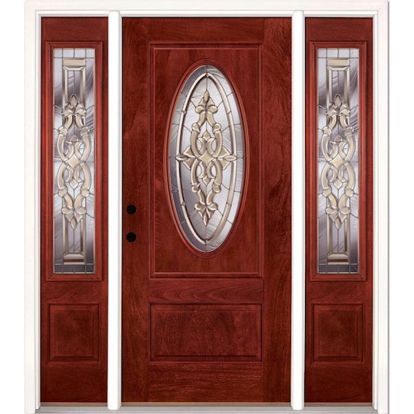 Feather River Doors 59.5 in.x81.625in.Silverdale Zinc 3/4 Oval Lt Stained Cherry Mahogany Rt-Hd Fiberglass Prehung Front Door w/Sidelites