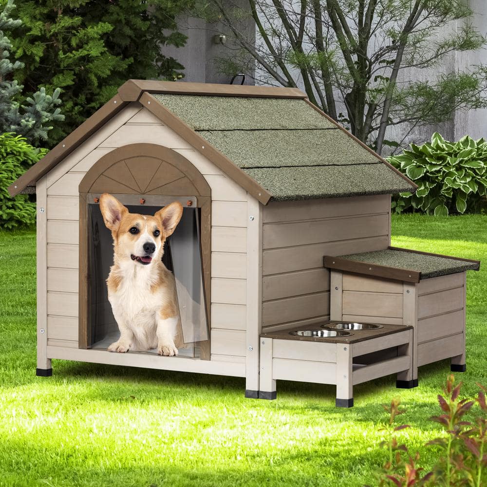 Medium Outdoor Fir Wood Dog House with Storage and Feeding Station