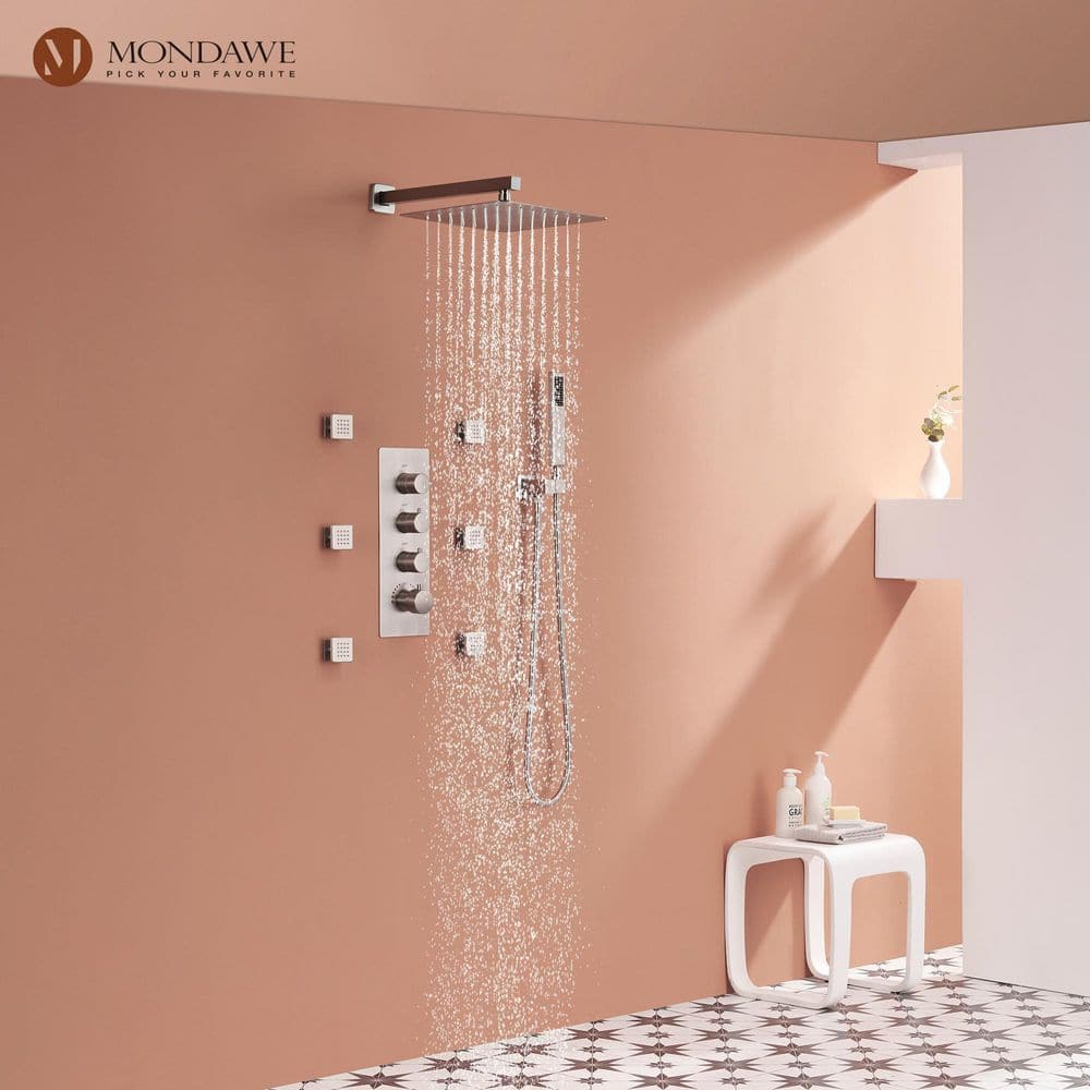 Brushed Nickel Wall Mounted Shower System with Adjustable Heads and Body Jets