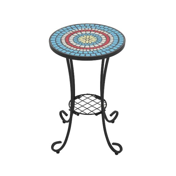 Black Frame Blue Round Ceramic Top Outdoor Side Table with Shelf, Powder-Coated Steel Frame and Weather-Resistant Finish