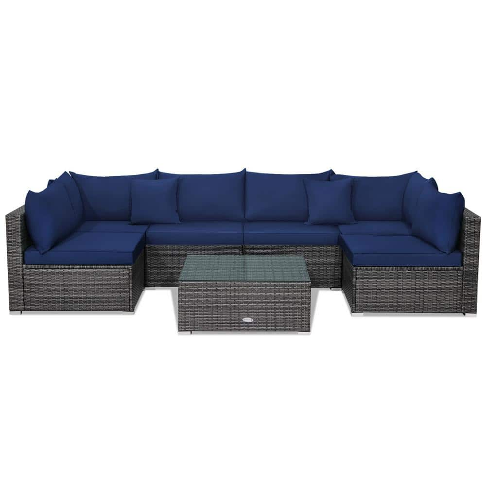 7-Piece Wicker Outdoor Patio Rattan Sectional Sofa Set Furniture Set with Navy Cushions -  Gymax, GYM10230