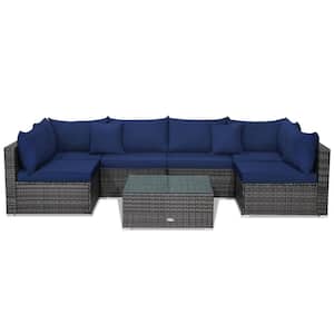 7-Piece Wicker Outdoor Patio Rattan Sectional Sofa Set Furniture Set with Navy Cushions