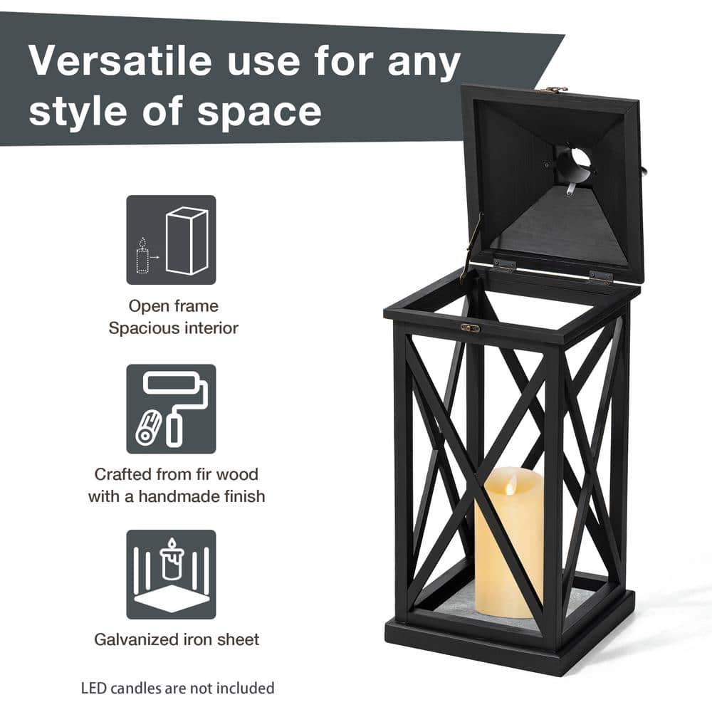 Distressed Black Wood and Metal Floor Candle Lanterns Set