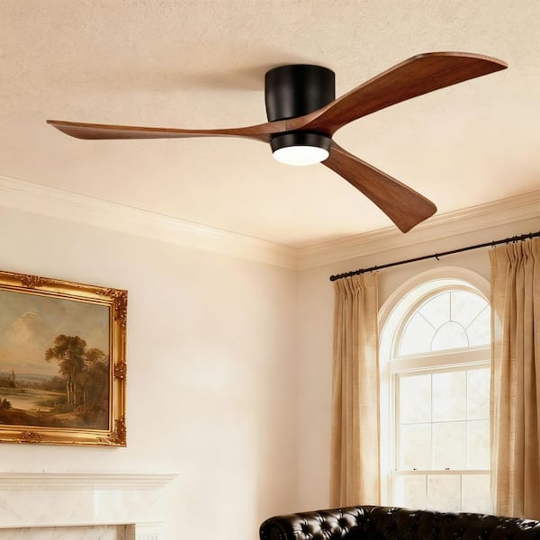 FIRHOT 52 in. Modern Black Solid Wood Brown Blades Flush Mount Standard Ceiling Fan with 3-Color Dimmable Light Include Remote