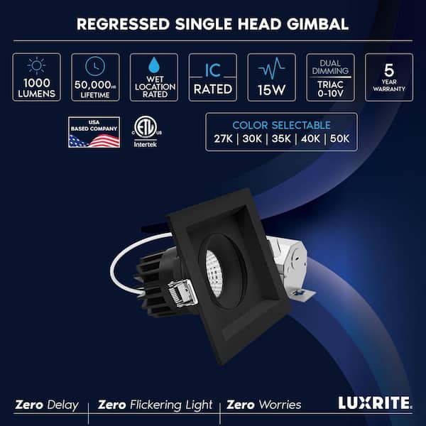 4-pack 1-Head Integrated LED Square Black Regressed Gimbal Recessed Light, 360° + 15° Swivel, 5CCT, 15W, 1000LM Dimmable
