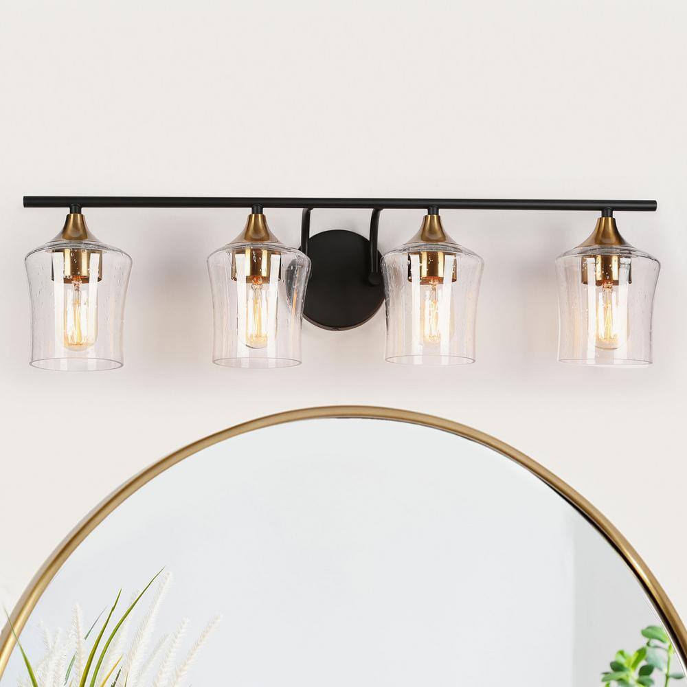 Zevni 20.5 in. Modern 4Light Black Bathroom Vanity Lights Brass Gold Bath Lighting Seeded Glass
