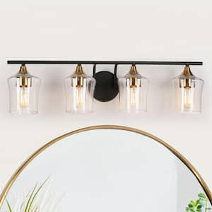 20.5 in. Modern 4-Light Black Bathroom Vanity Lights Brass Gold Bath Lighting Seeded Glass Shade Wall Sconce