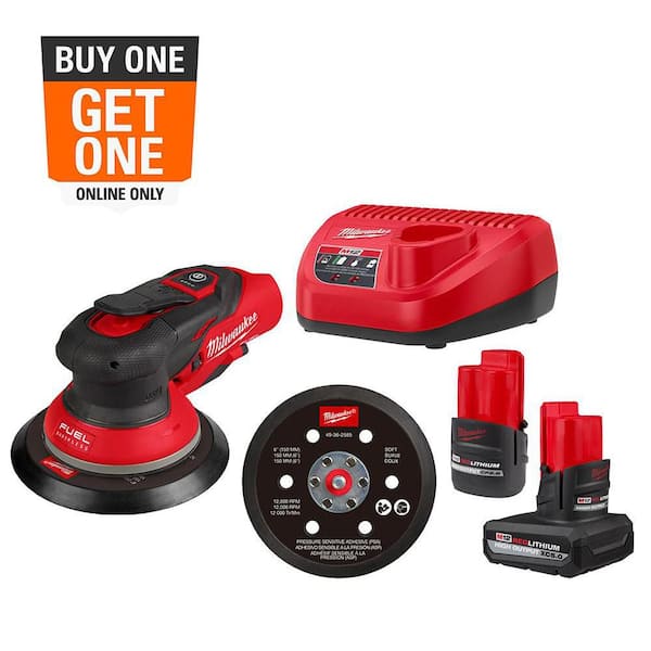 M12 FUEL 12-Volt Li-Ion Brushless Cordless 6 in. Random Orbital Sander Kit (3/32 in) w M12 XC 5.0Ah & CP 2.5Ah Batteries