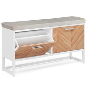 24 in. H x 39 in. W White and Brown Wood Shoe Storage Bench with Cushion and Drawers for Entryway