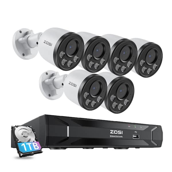 ZOSI 8-Channel 5MP 1TB POE NVR Security Camera System with 6X 4MP Wired Bullet Cameras, 100 ft. Color Night Vision