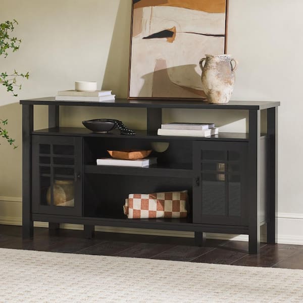 Walker Edison Furniture Company Traditional Black Wood 58 in. Sideboard with Windowpane Glass Doors