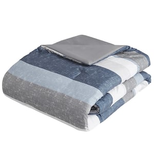Blue and Grey Printed Queen Size Polyester Comforter Set 2 Shams, 1 Flat Sheet, 1 Fitted Sheet, 2 Pillowcases