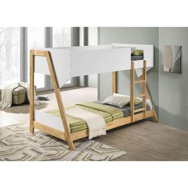 Wyatt White and Natural Twin Over Twin Bunk Bed with Angular Frame and Attached Ladder